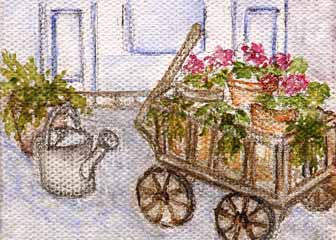 "Goat Cart Garden" by Helen Stauffer, Monroe WI - Watercolor on canvas